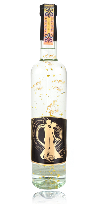 Darčeková fľaša - Borovička so zlatom novomanželom metalická