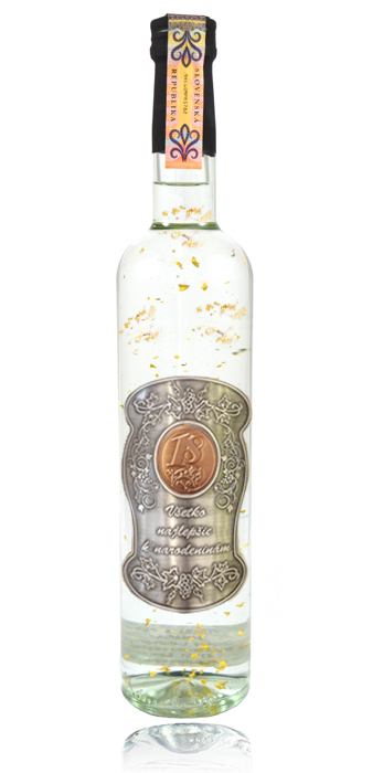 Darčeková fľaša - Borovička so zlatom narodeniny kovová etiketa (0-90)