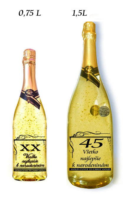 Darčeková fľaša - (0-99) rokov Zlaté šumivé - Narodeniny priehľadná etiketa