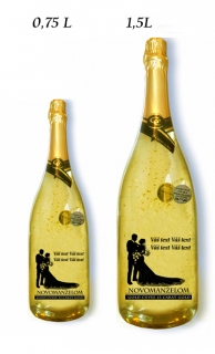 Darčeková fľaša  - Zlaté šumivé Novomanželom priehľadná